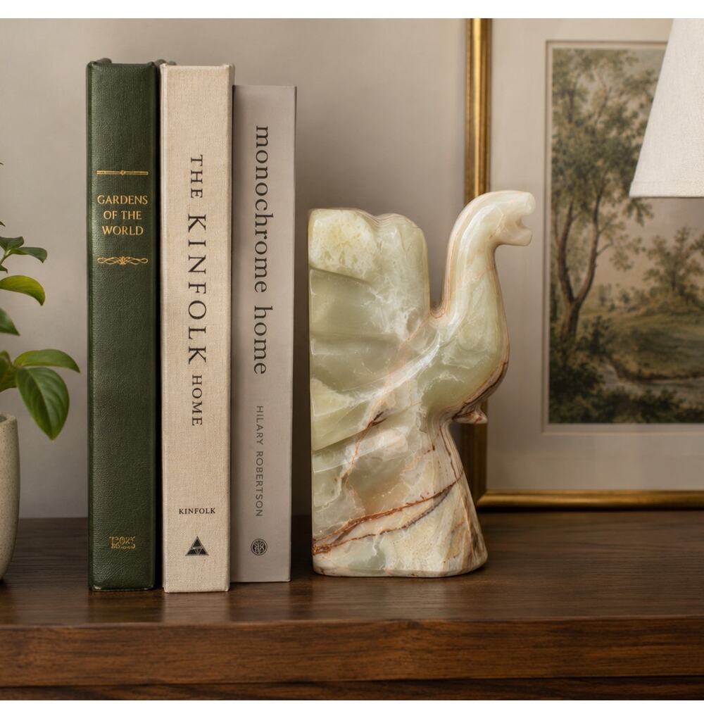 Vintage Pakistan Onyx Elephant Single Bookend Carved Stone Sculpture MCM Decor